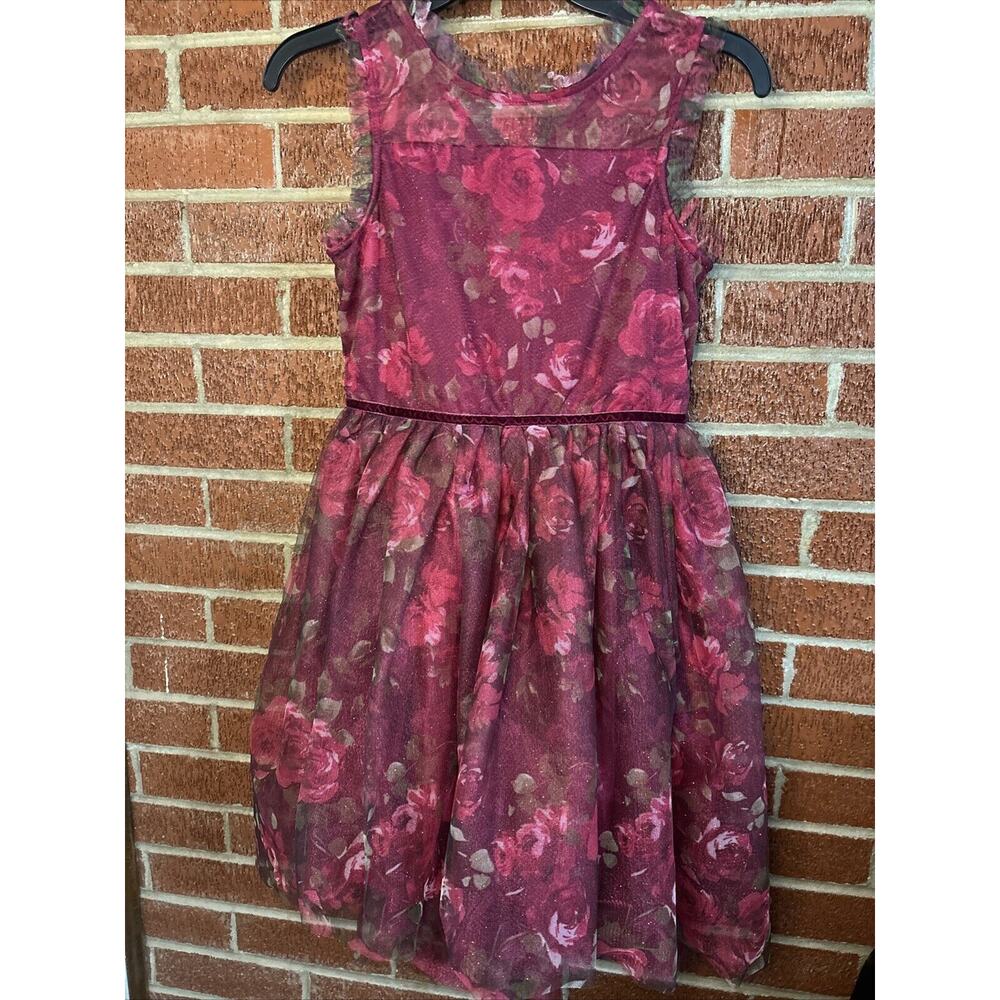Lilt Girls Dress Special Occasion Floral Glitter Hi Low Burgundy 14